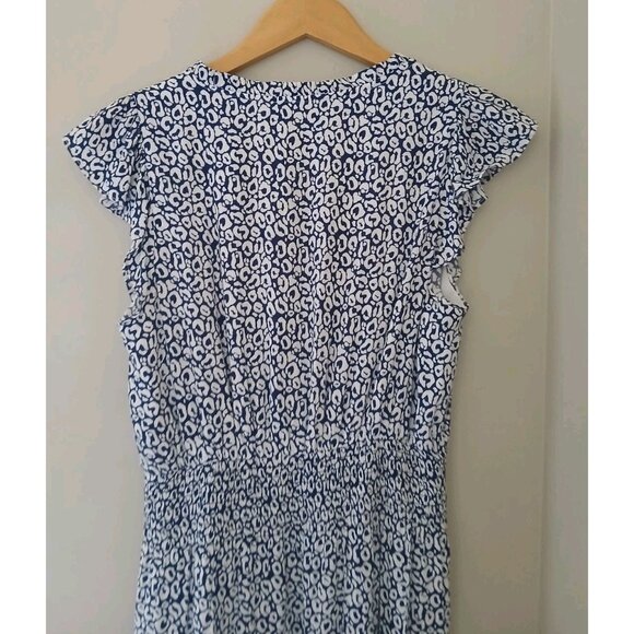 Sail to Sable Flutter Sleeve Midi Dress Size Medium Blue White Animal Print - Picture 7 of 9